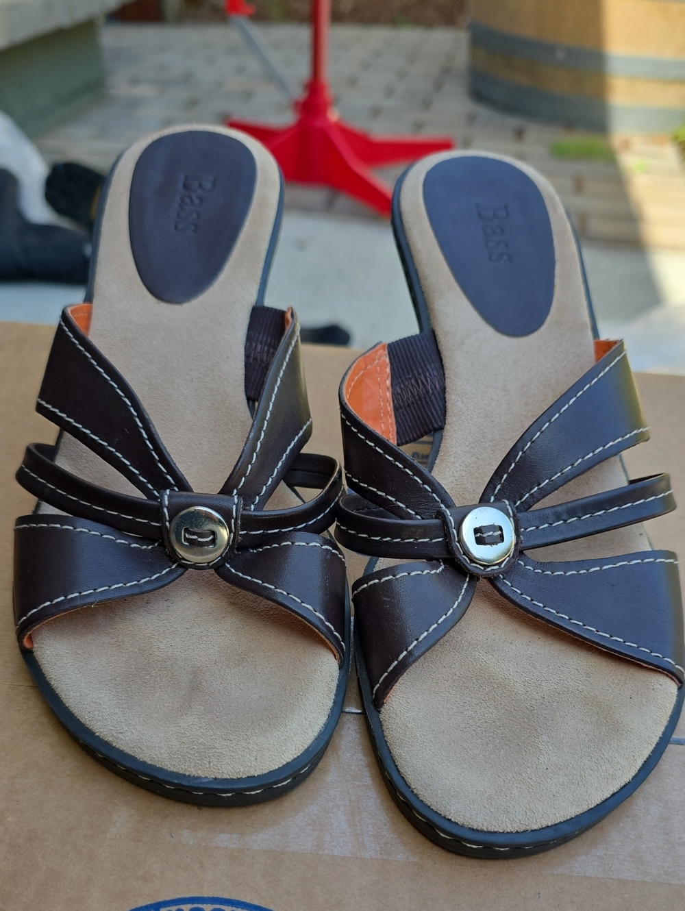 Bass Brown Strappy Slip-On Sandals with Silver Accent